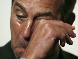 House Minority Leader Boehner wipes tears as colleague Johnson speaks about his prisoner-of-war status in Washington
